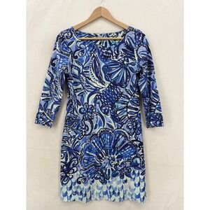 Lilly Pulitzer Hollee Dress Womens XS Blue Floral 3/4 Sleeve Shift Cutout Back